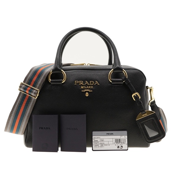 Prada Shoulder Bag Guitar Strap Black Leather Vitello Phenix 1BB086 New - Picture 4 of 7